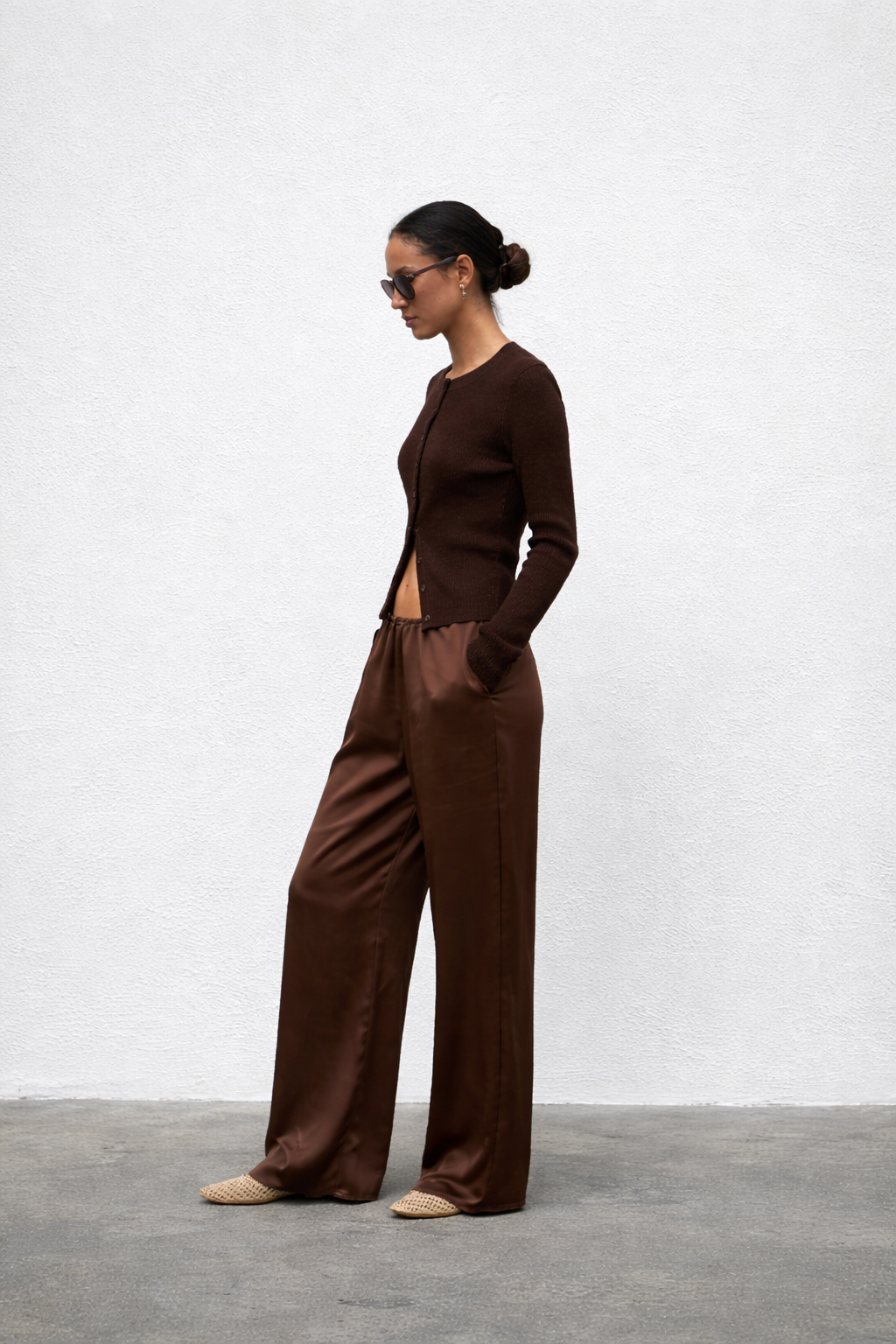 Chocolate Satin Wide-Leg Pants