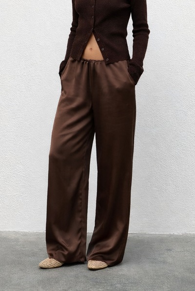 Chocolate Satin Wide-Leg Pants