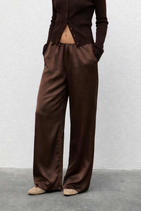 Chocolate Satin Wide-Leg Pants