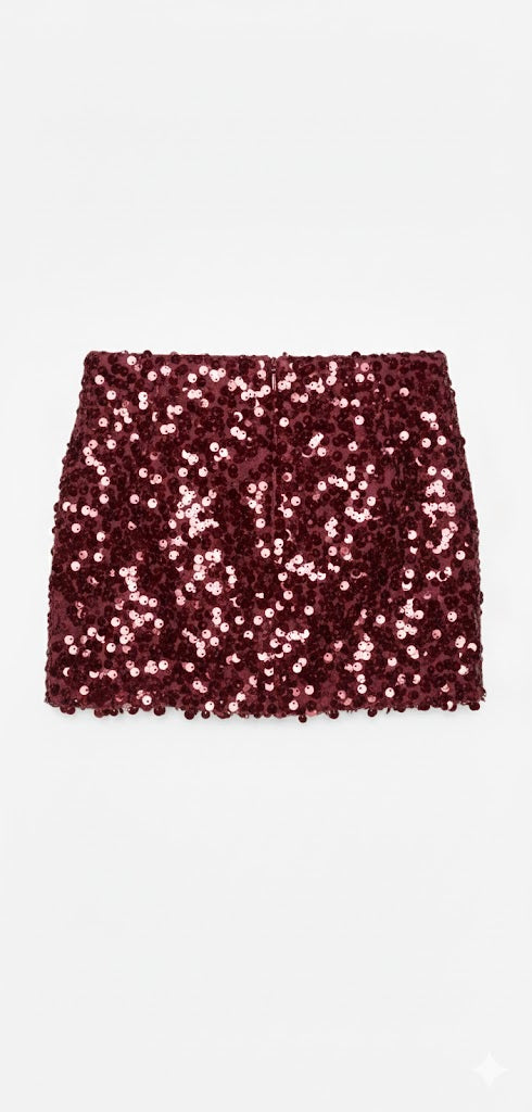 Burgundy Sequin Mini Skirt