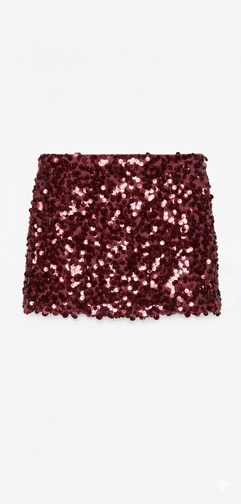 Burgundy Sequin Mini Skirt