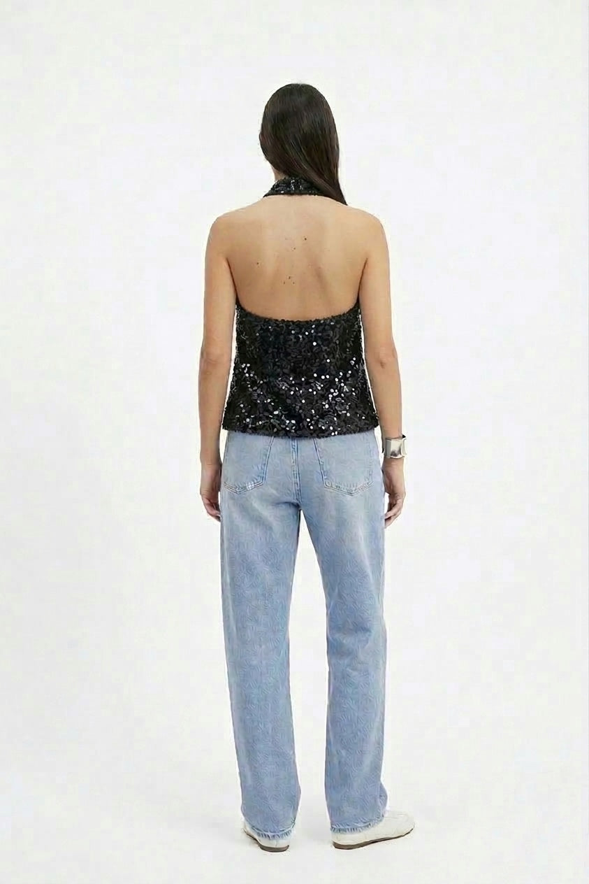 Black Sequin Halter Top